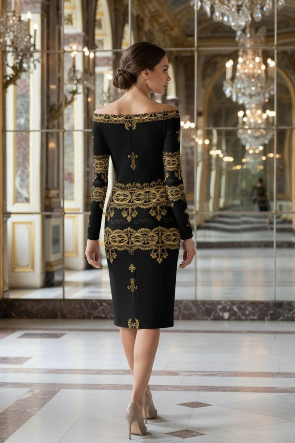 Back view of black and gold baroque midi dress with long sleeves and ornate patterns by Angelic Blessings Shop