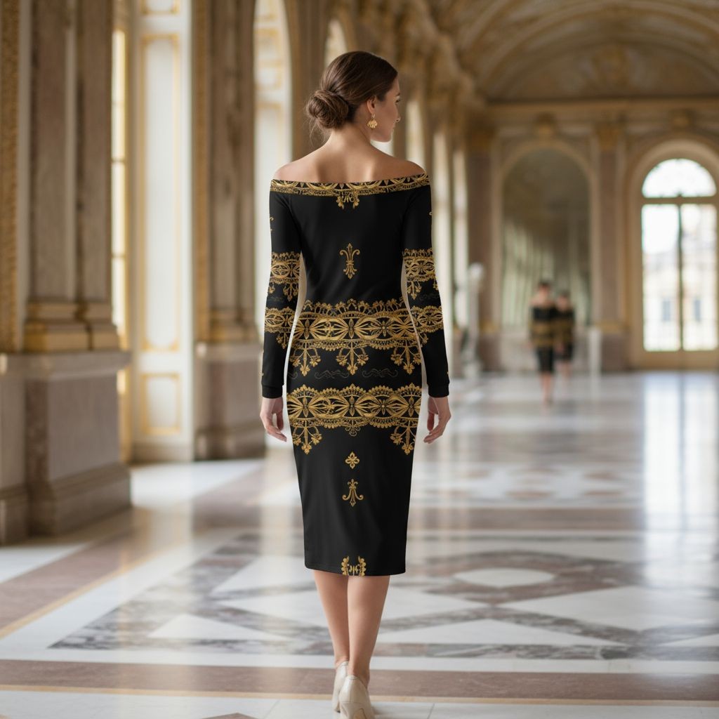 Woman wearing black and gold baroque midi dress with long sleeves walking in elegant hallway