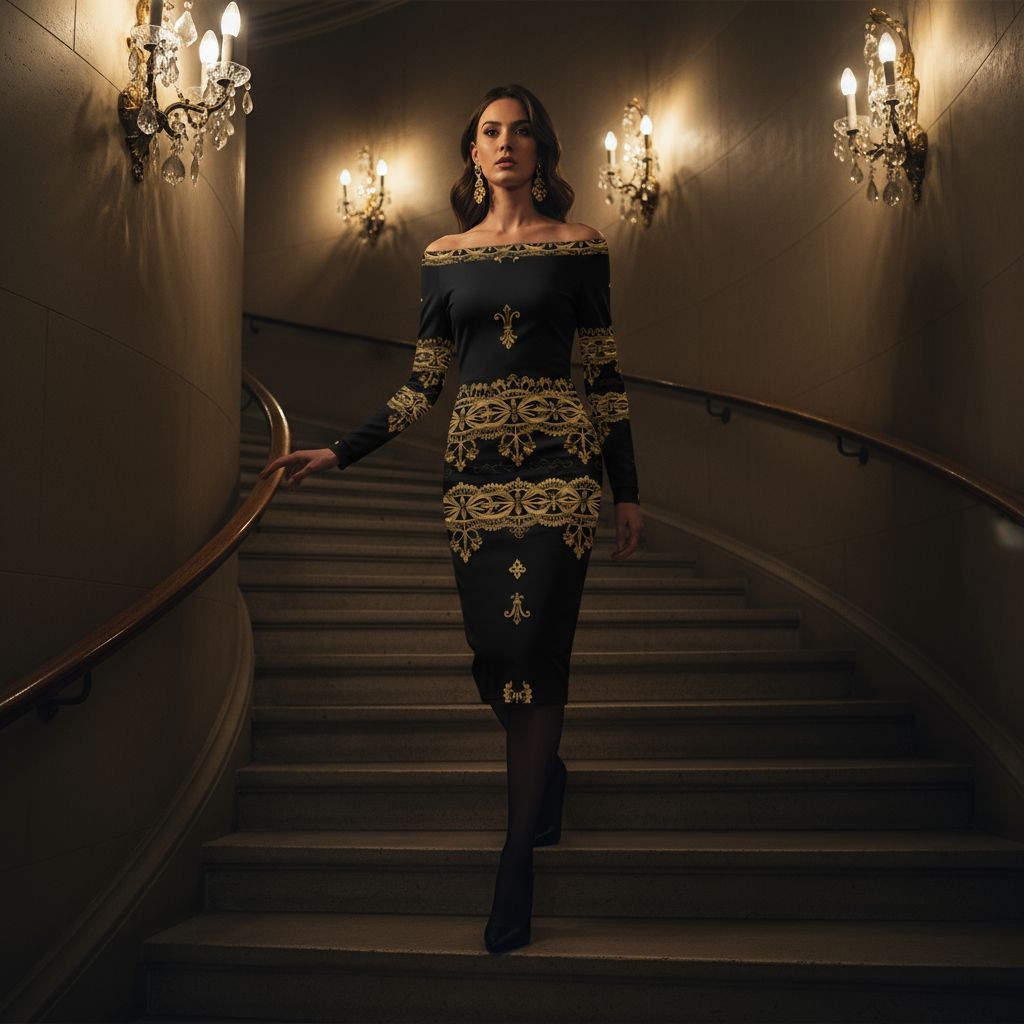 Woman wearing black and gold baroque midi dress with off-shoulder neckline walking down staircase