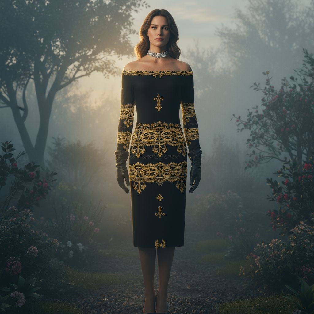 Angelic Blessings Shop black and gold baroque midi dress with off shoulder and long sleeves in garden