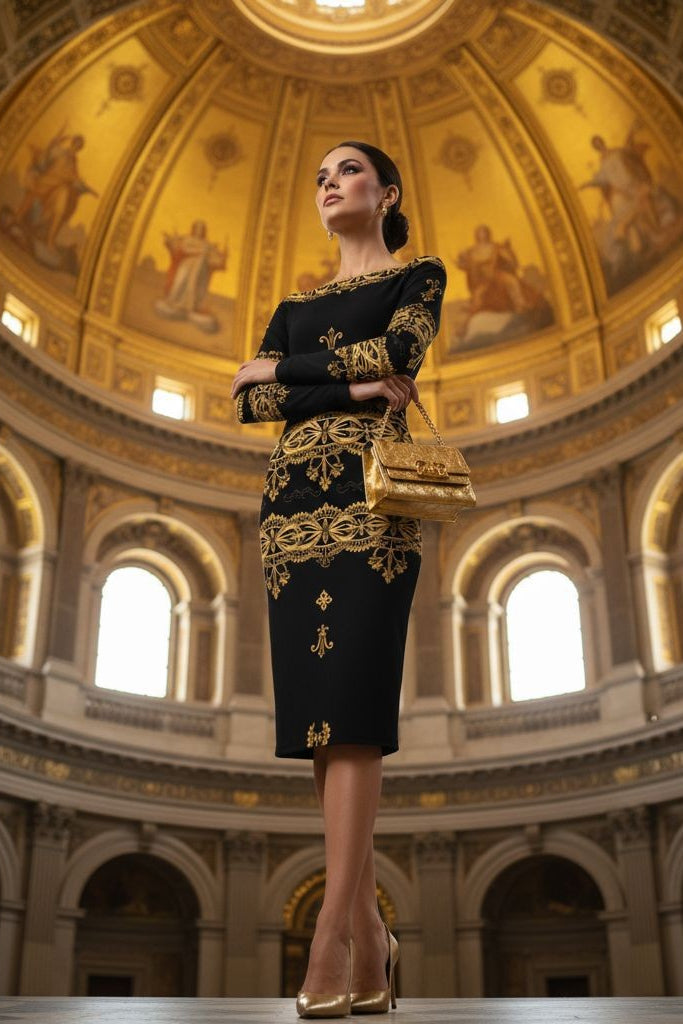Angelic Blessings Shop black and gold baroque midi dress worn by model in elegant historic dome setting