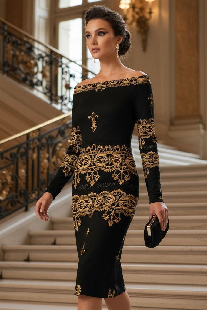 Angelic Blessings Shop black and gold baroque midi dress with off-shoulder design and intricate patterns
