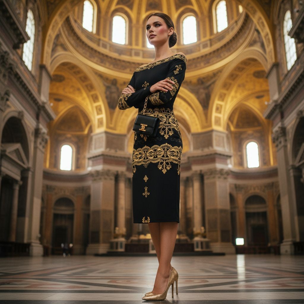 Angelic Blessings Shop black and gold baroque midi dress worn by model in elegant cathedral setting
