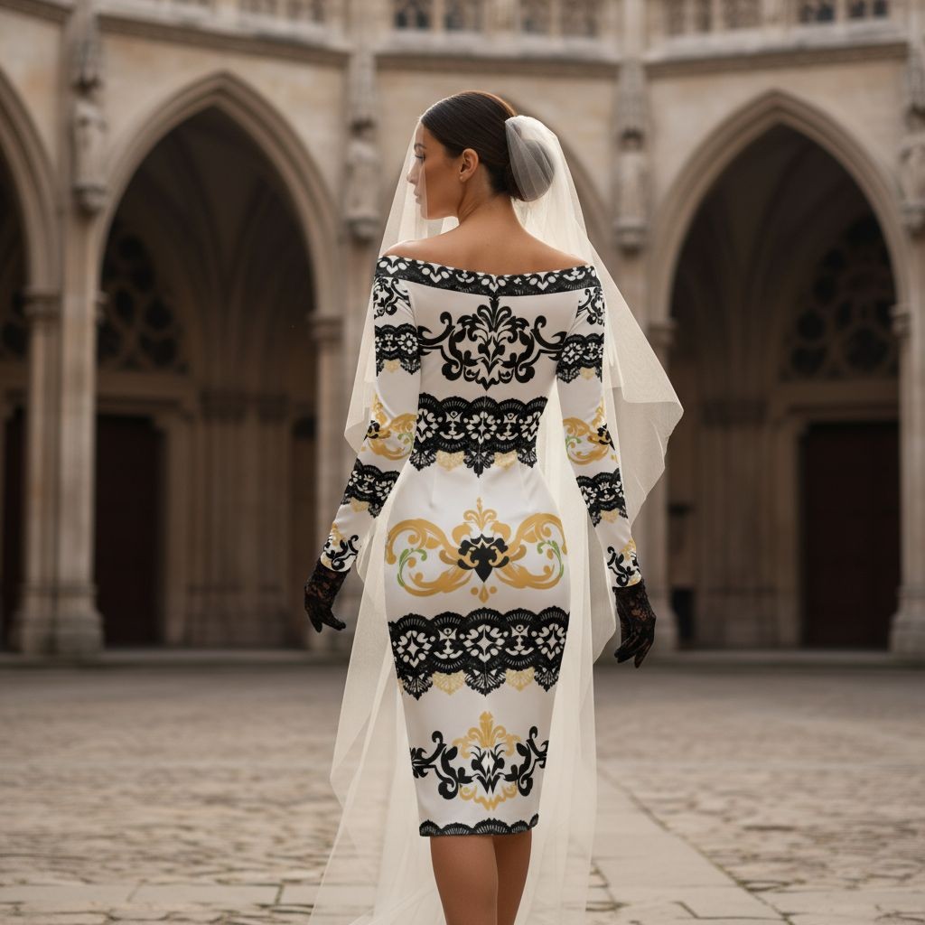 Elegant black and gold lace wrap dress from Angelic Blessings Shop worn by woman in historic archway