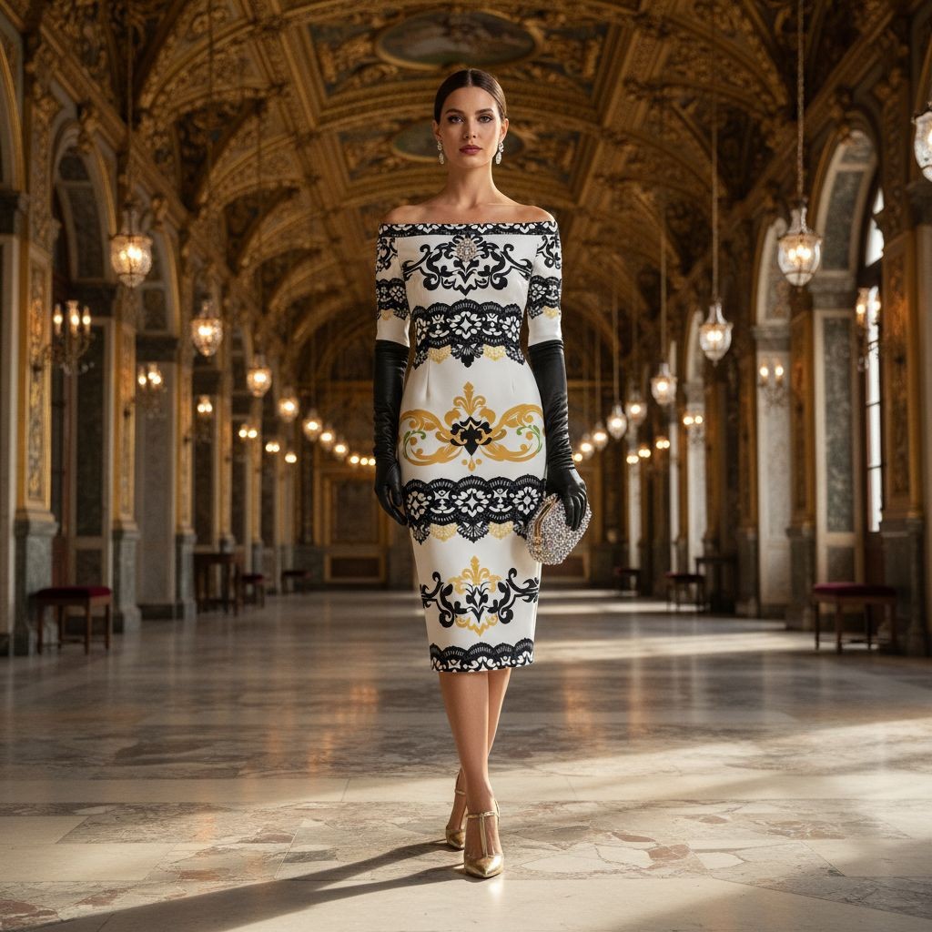 Elegant black and gold lace wrap dress by Angelic Blessings Shop worn by model in ornate hallway