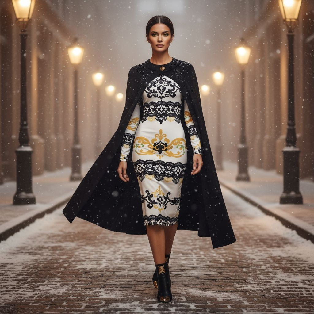 Model wearing black and gold lace wrap dress with elegant long sleeves and black cape on snowy street