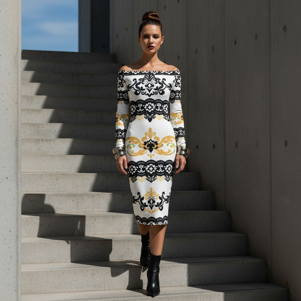 Angelic Blessings black and gold lace wrap dress luxury evening dress worn by model on stairs