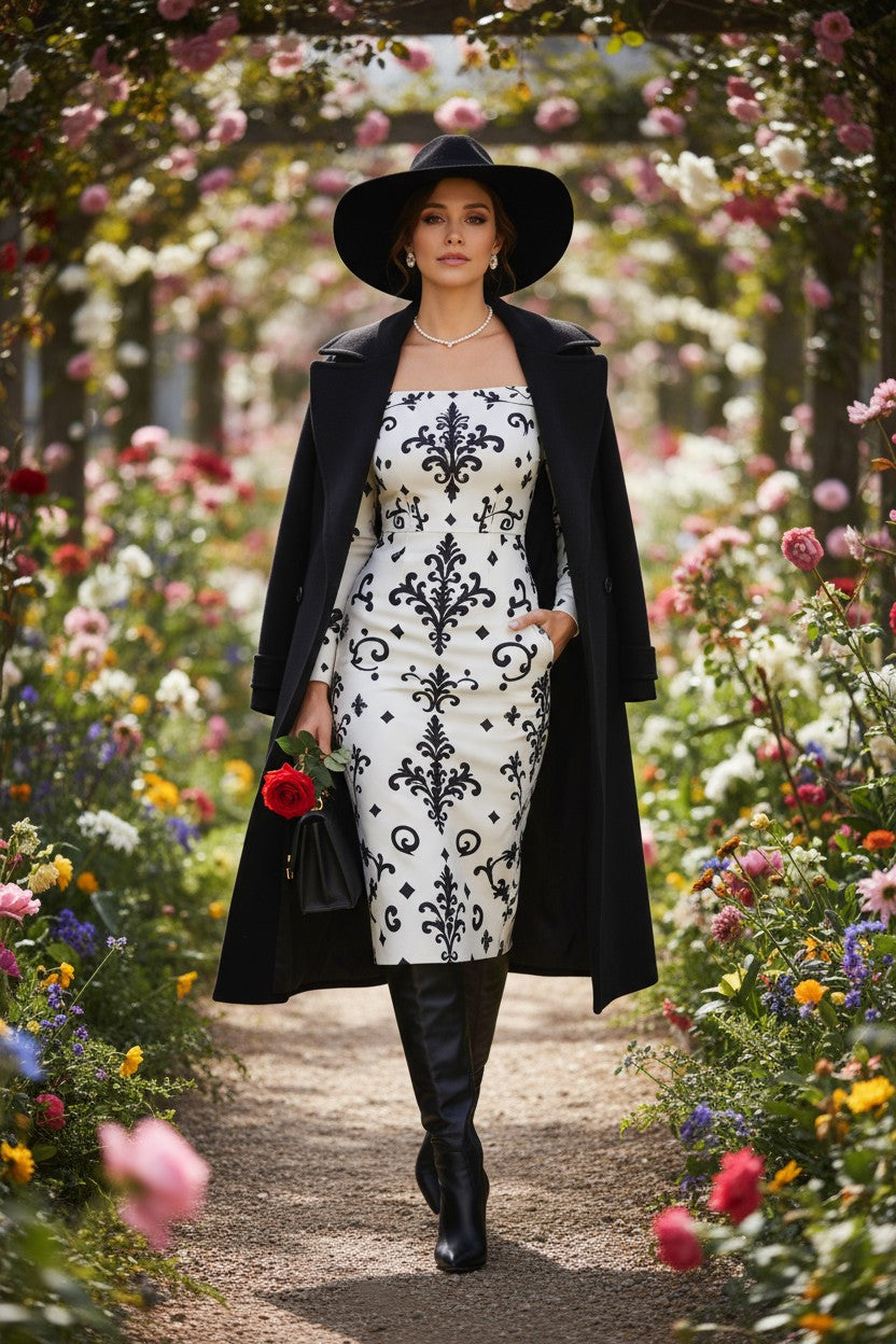 Black and White Off shoulder midi wrap dress from Angelic Blessings Shop worn with black coat and hat in a floral garden