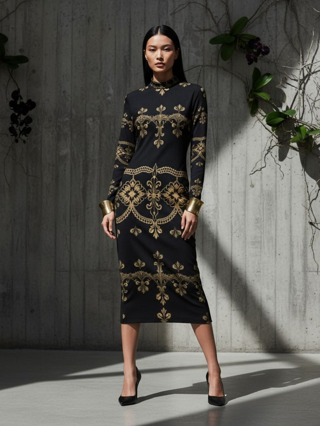 Angelic Blessings Shop baroque lace high neck midi dress in black with gold intricate patterns
