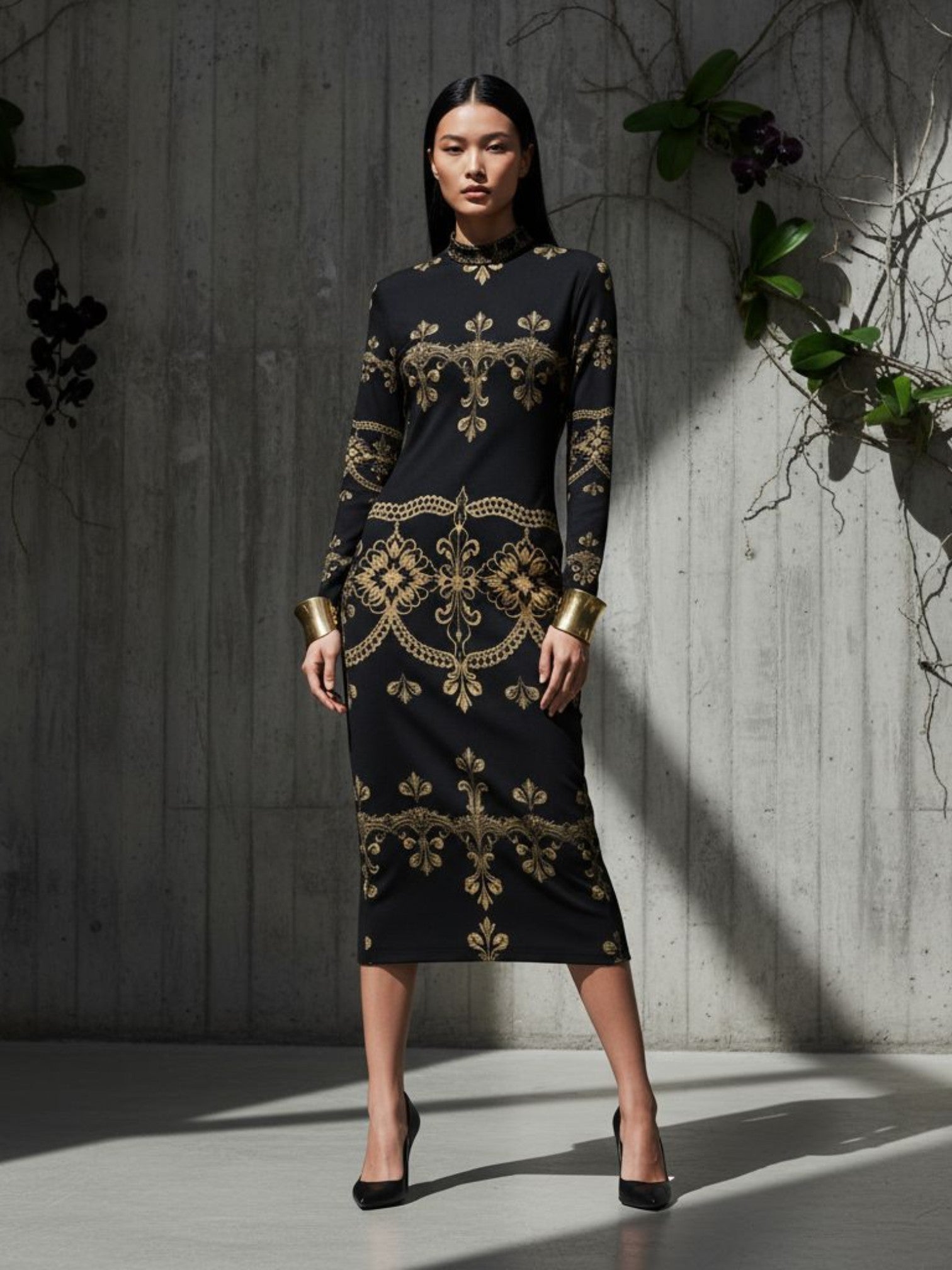 Angelic Blessings Shop baroque lace high neck midi dress in black with gold intricate patterns
