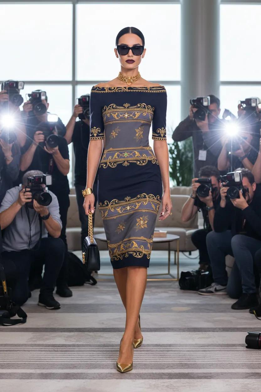 Black Grey Gold Baroque Midi dress bodycon elegant outfit for evening events