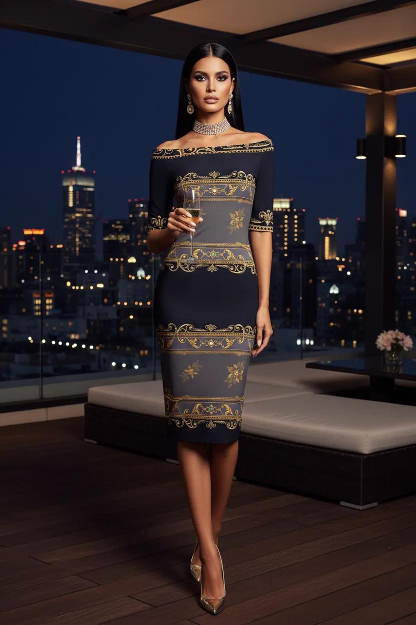 Black Grey Gold Baroque Off Shoulder Wrap Midi dress bodycon elegant evening outfit