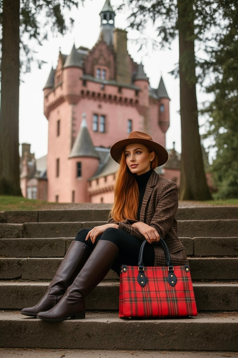 Red tartan purse with elegant black handles