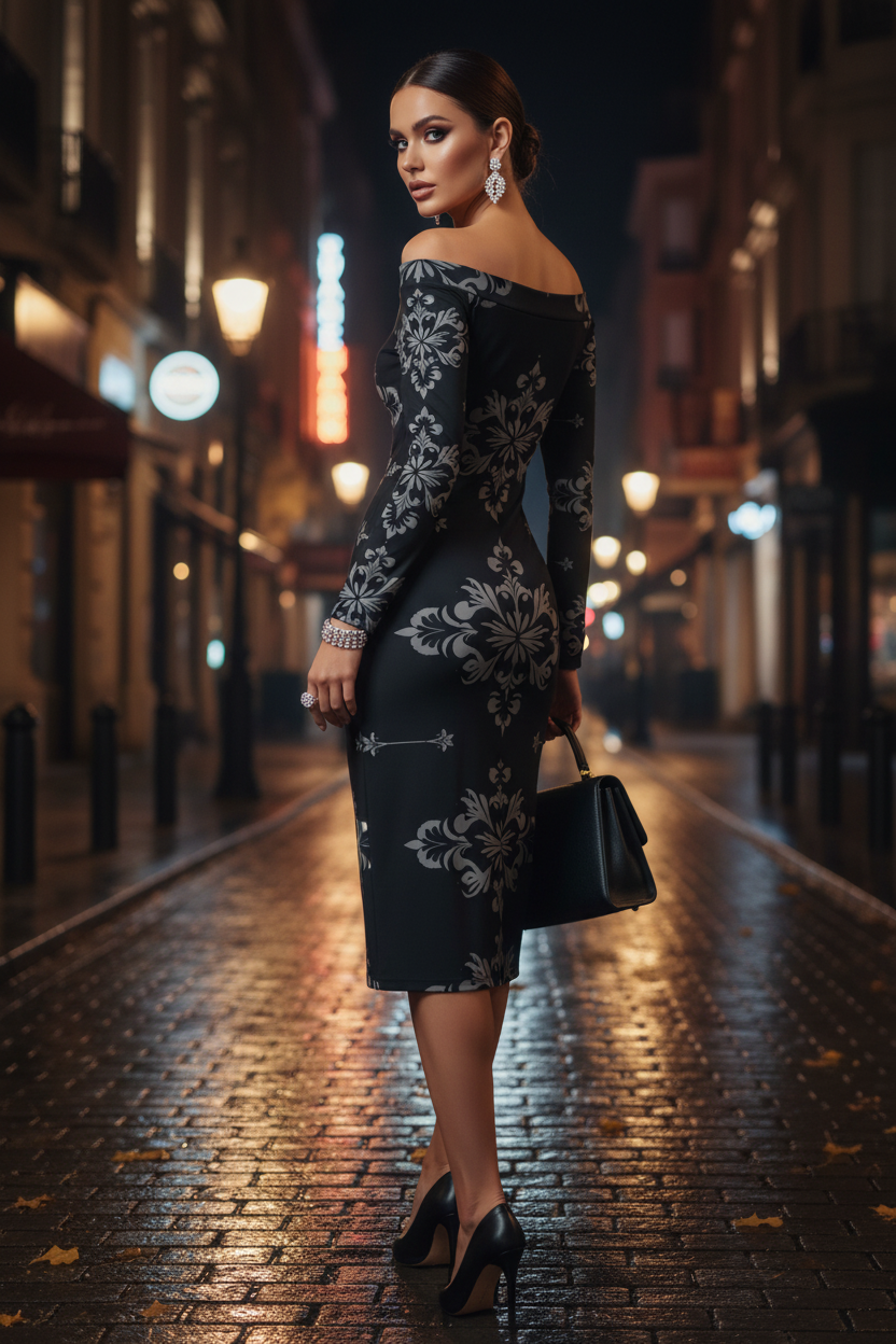 Black Silver Victorian Off Shoulder Midi evening dress gown elegant outfit classic style