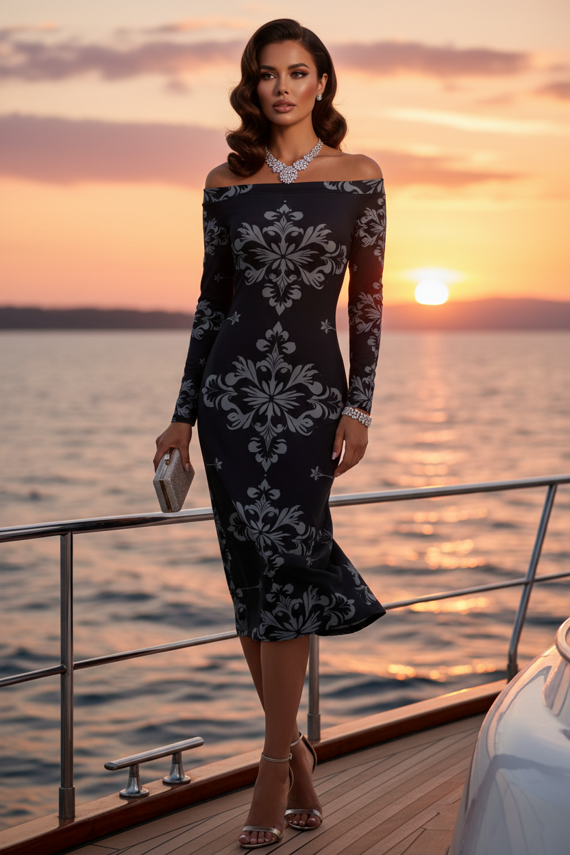 Black Silver Victorian Off Shoulder Midi evening dress gown Elegant Evening Outfit