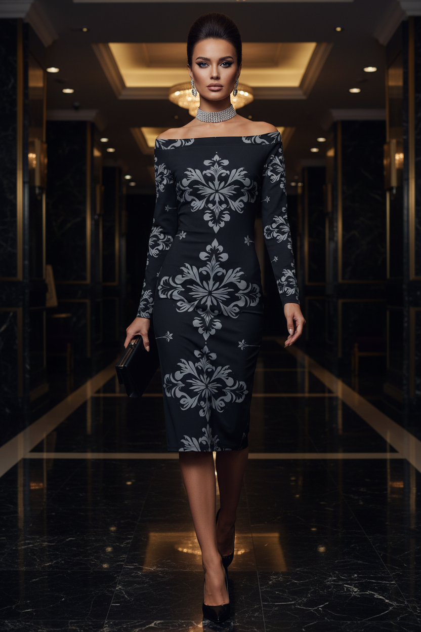 Black Silver Victorian Off Shoulder Midi evening dress gown elegant outfit for formal events