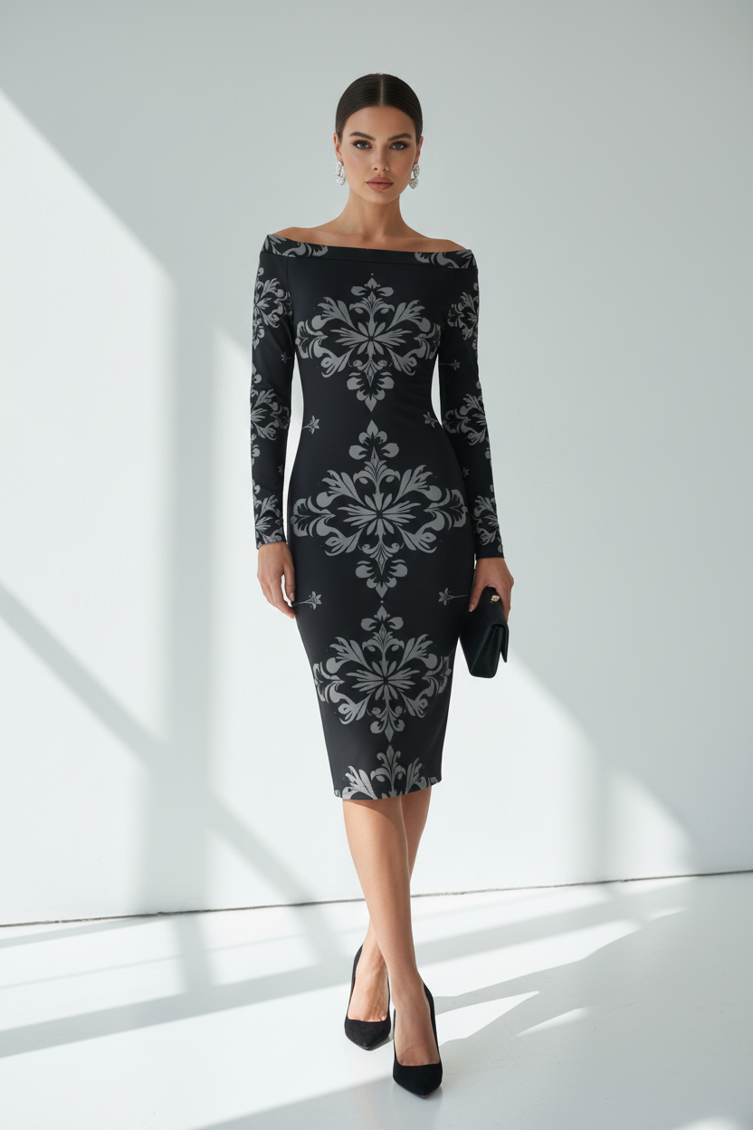 Black Silver Victorian Off Shoulder Midi Evening Dress Gown Elegant Outfit Stylish