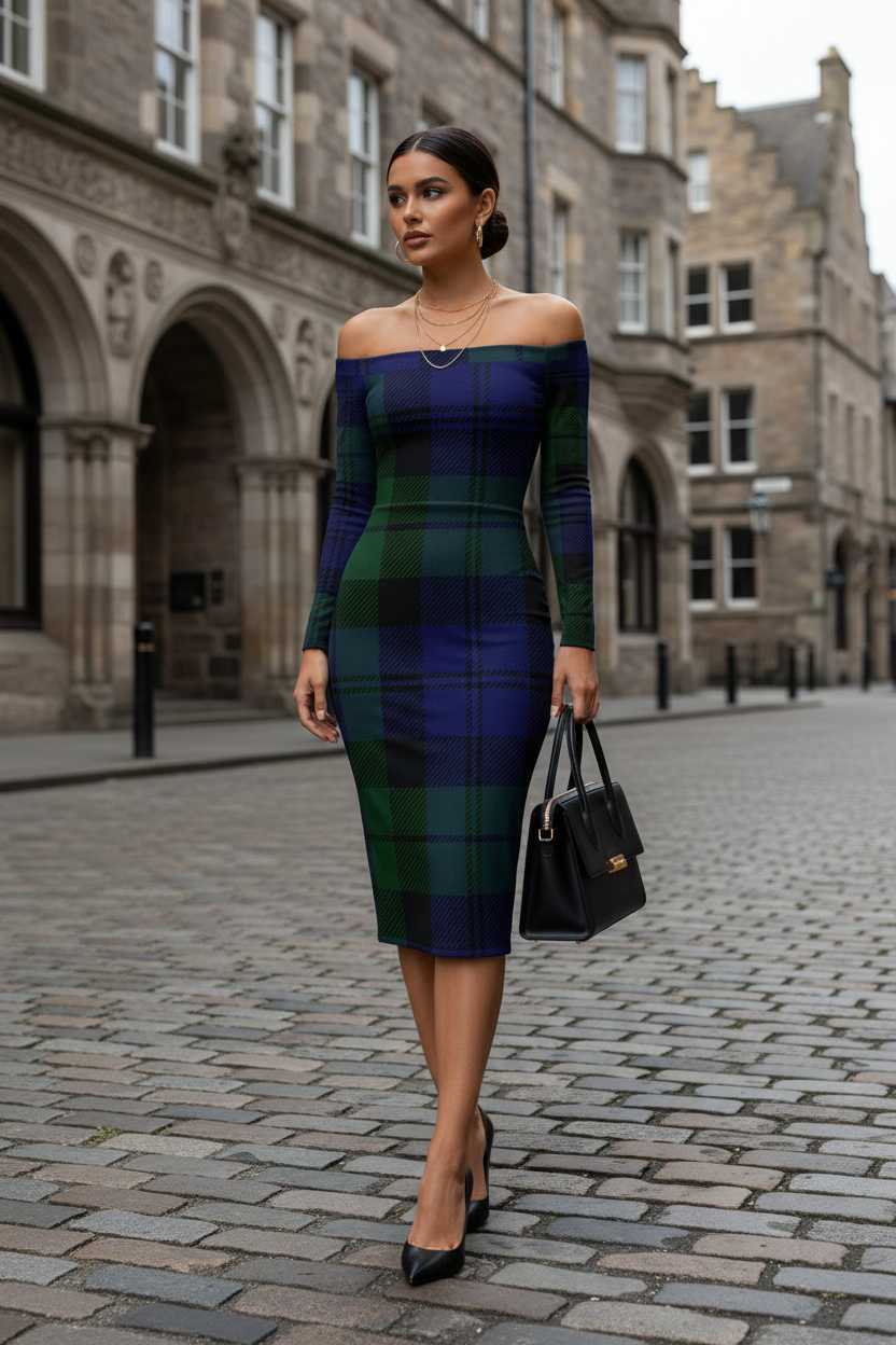 Black Watch plaid bodycon evening dress for special occasions