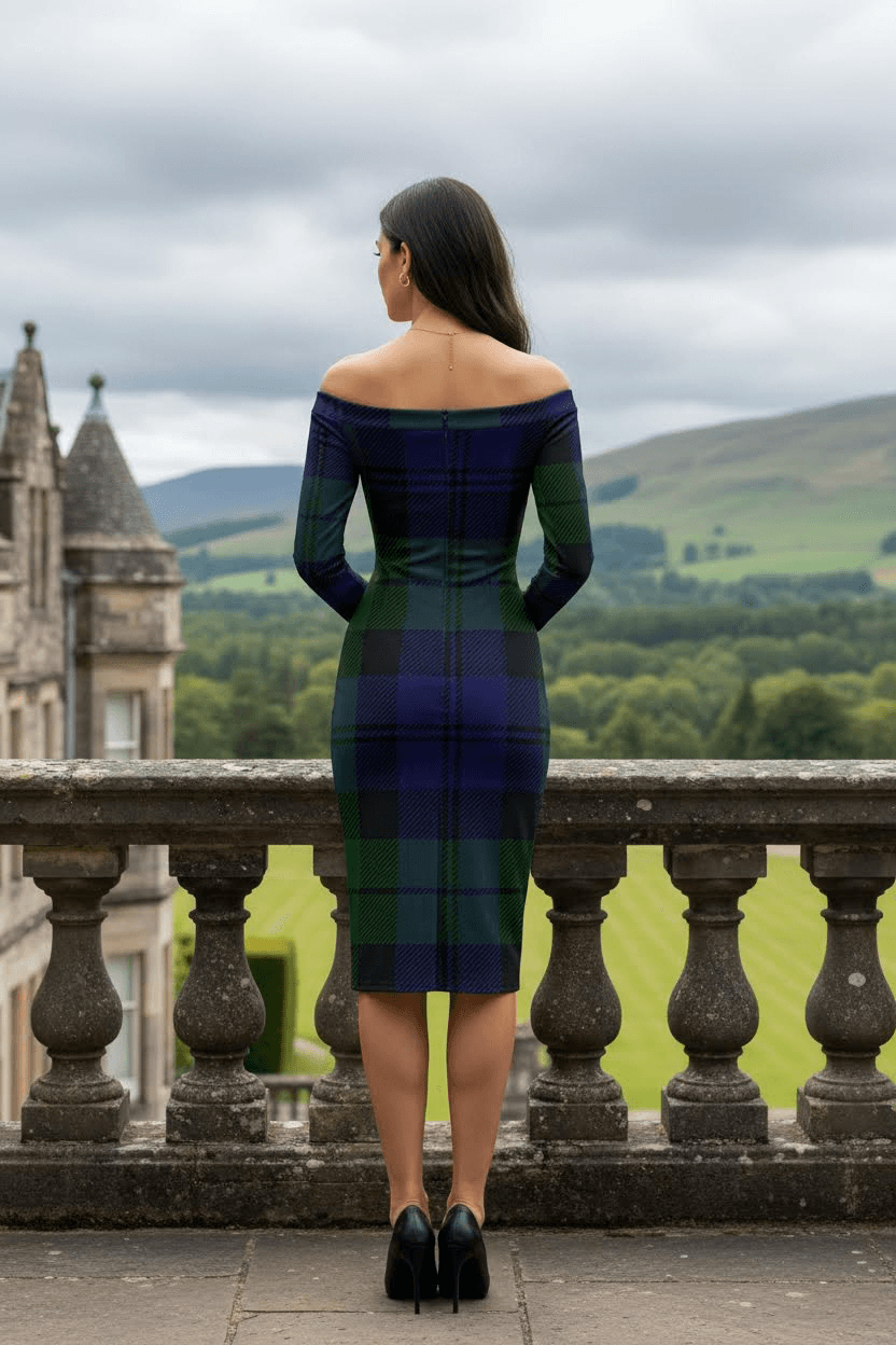 Black Watch Tartan Off Shoulder And Bodycon Dress Elegant Evening dress