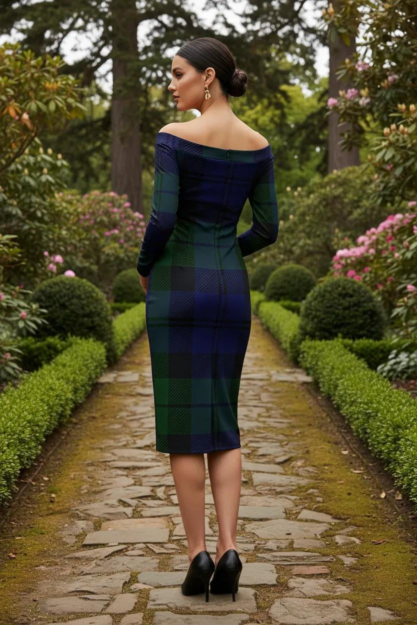 Black Watch Tartan Off Shoulder and Bodycon Dress Elegant Evening Outfit