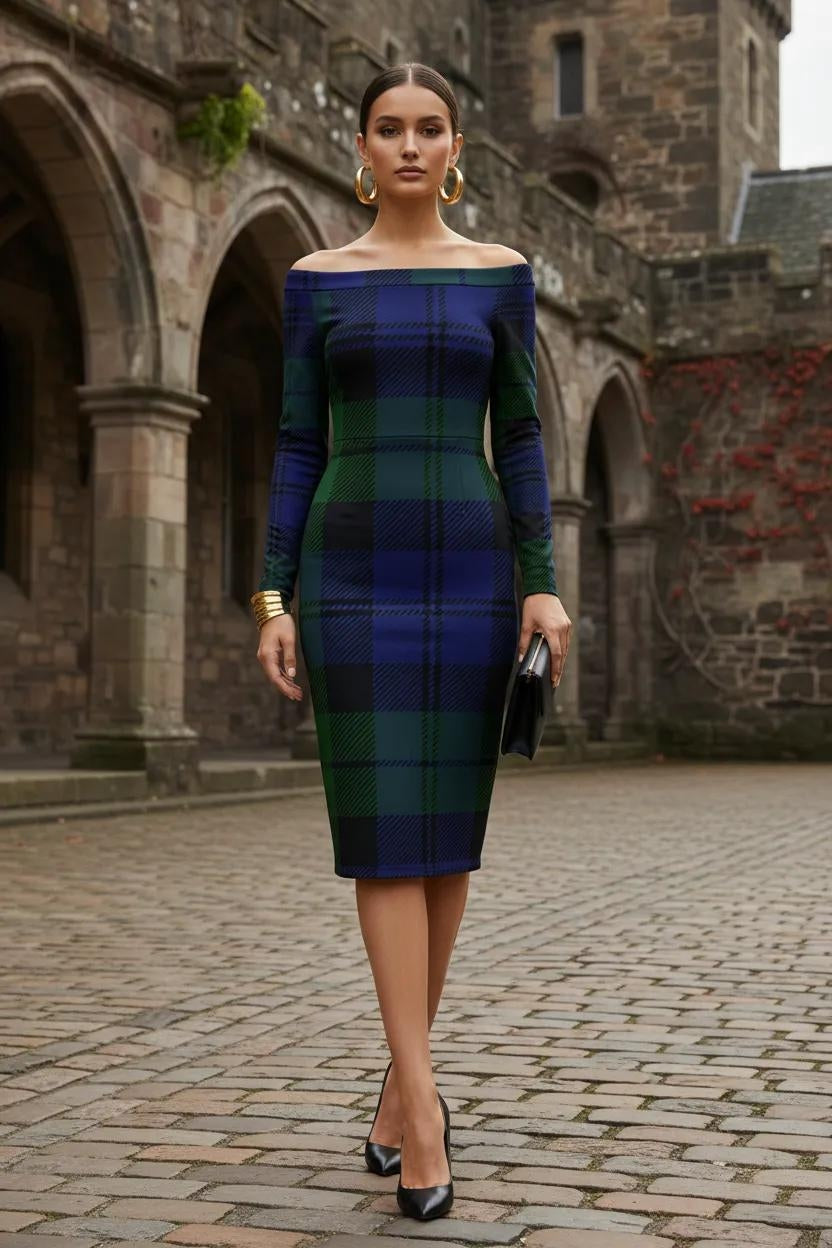Black Watch Tartan Off Shoulder and Bodycon Dress Elegant Evening Outfit Stylish Look