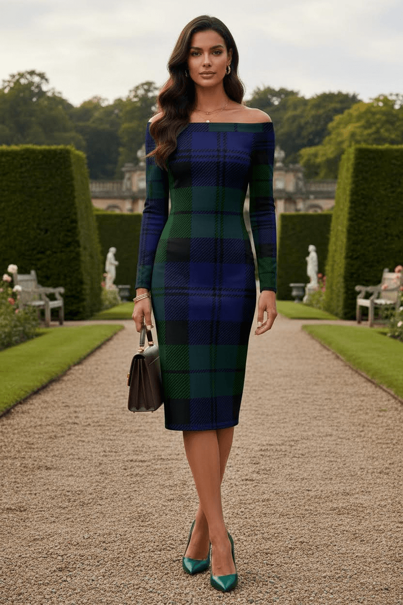 Black Watch Tartan Off Shoulder and Bodycon Dress and Elegant Evening Outfit