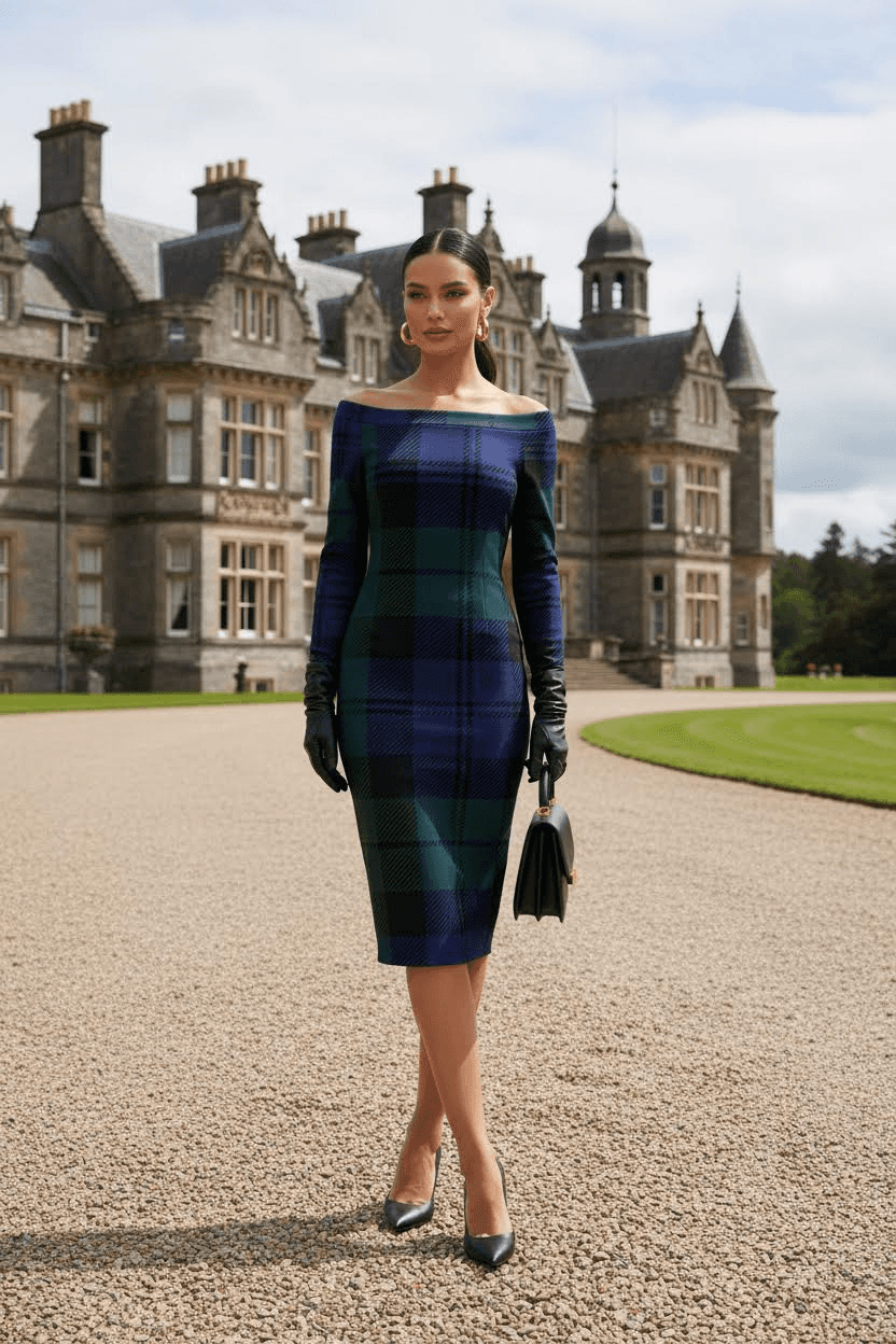 Black Watch Tartan Off Shoulder And Bodycon Dress Elegant Evening Outfit