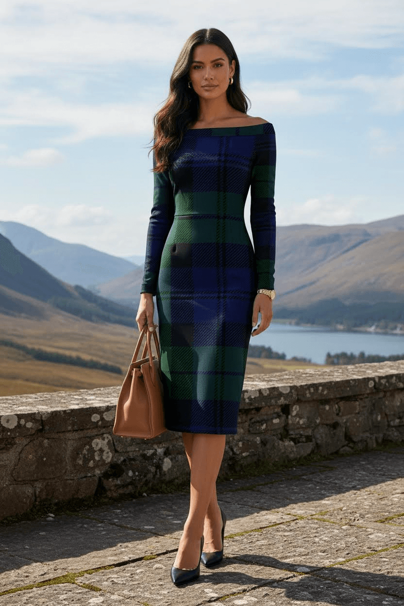Black Watch Tartan Off Shoulder and Bodycon Dress -Elegant Evening Outfit