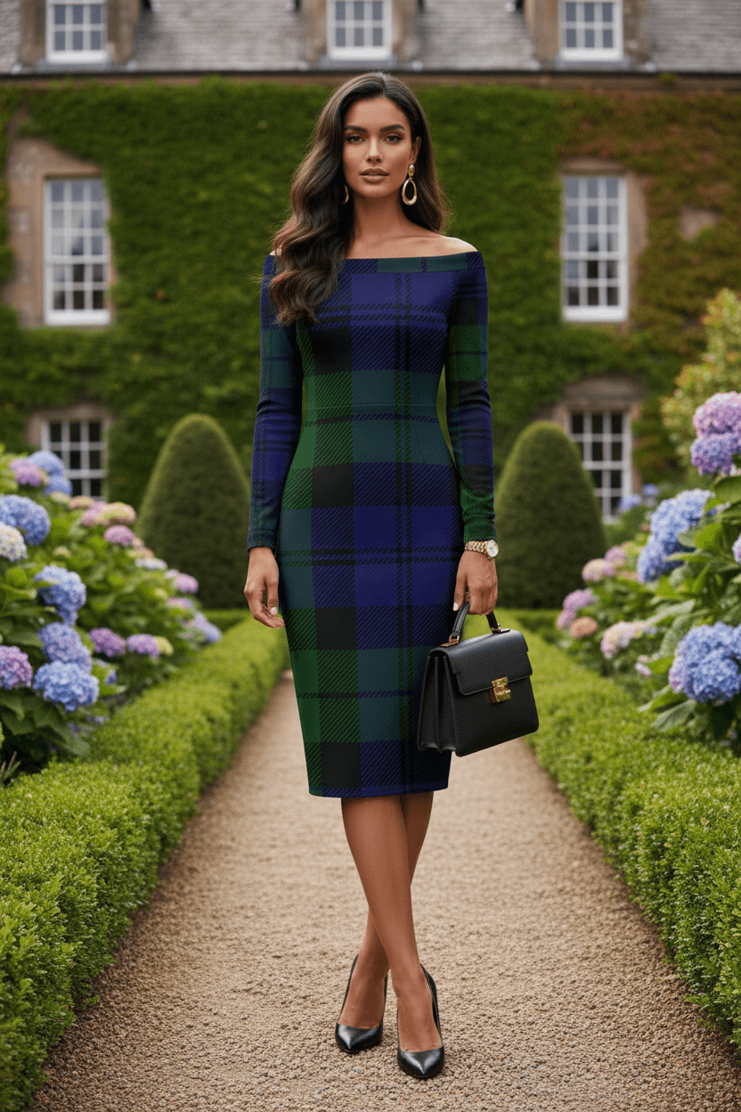Black Watch Tartan Off Shoulder and Bodycon Dress Elegant Evening wear