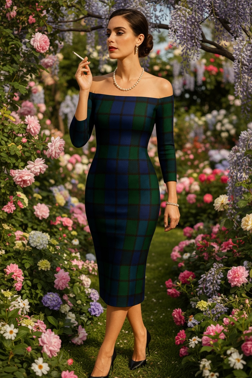Black Watch tartan off-shoulder dress by POD worn by woman in floral garden setting