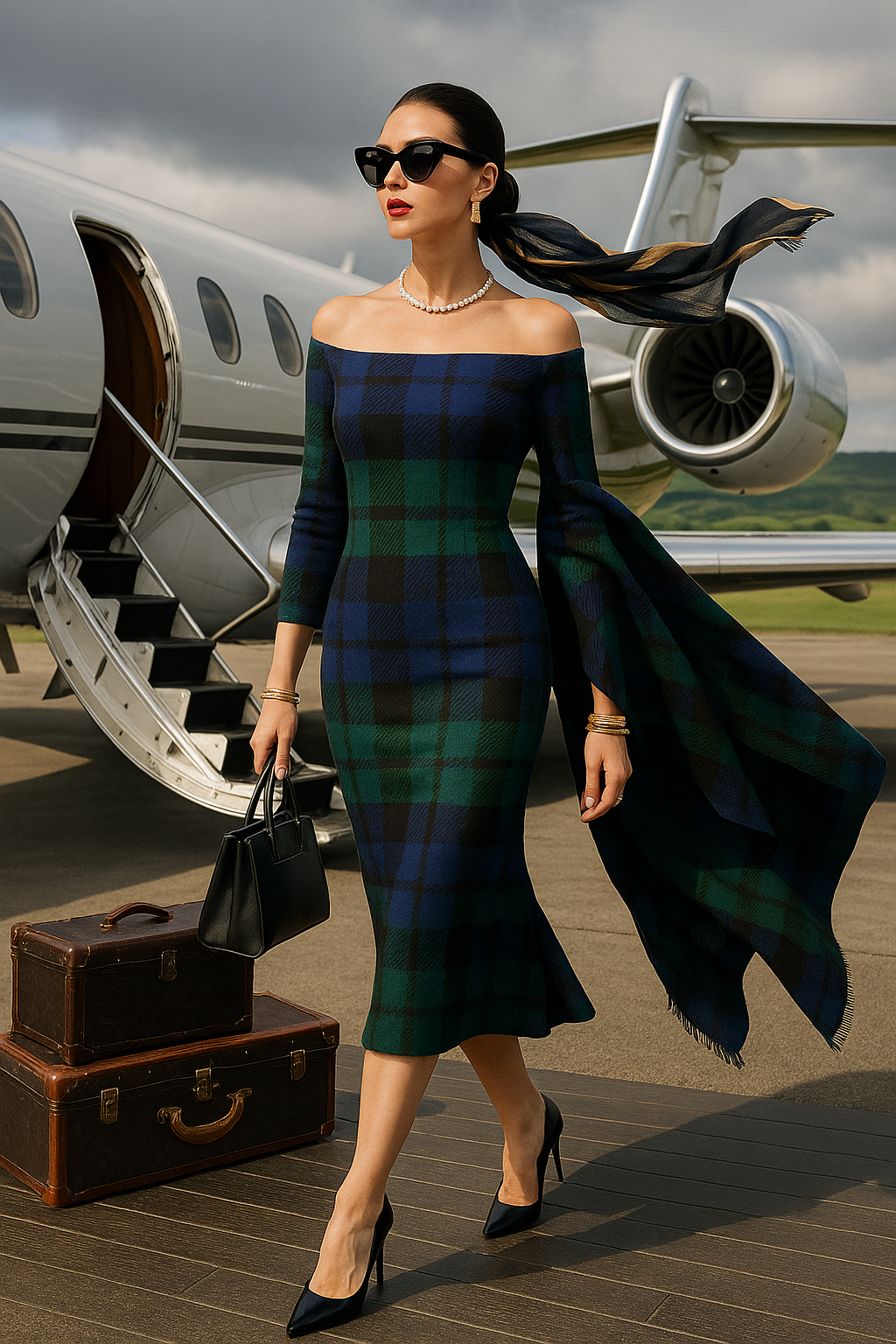 Elegant Black Watch tartan off-shoulder dress with three-quarter sleeves worn by model near private jet