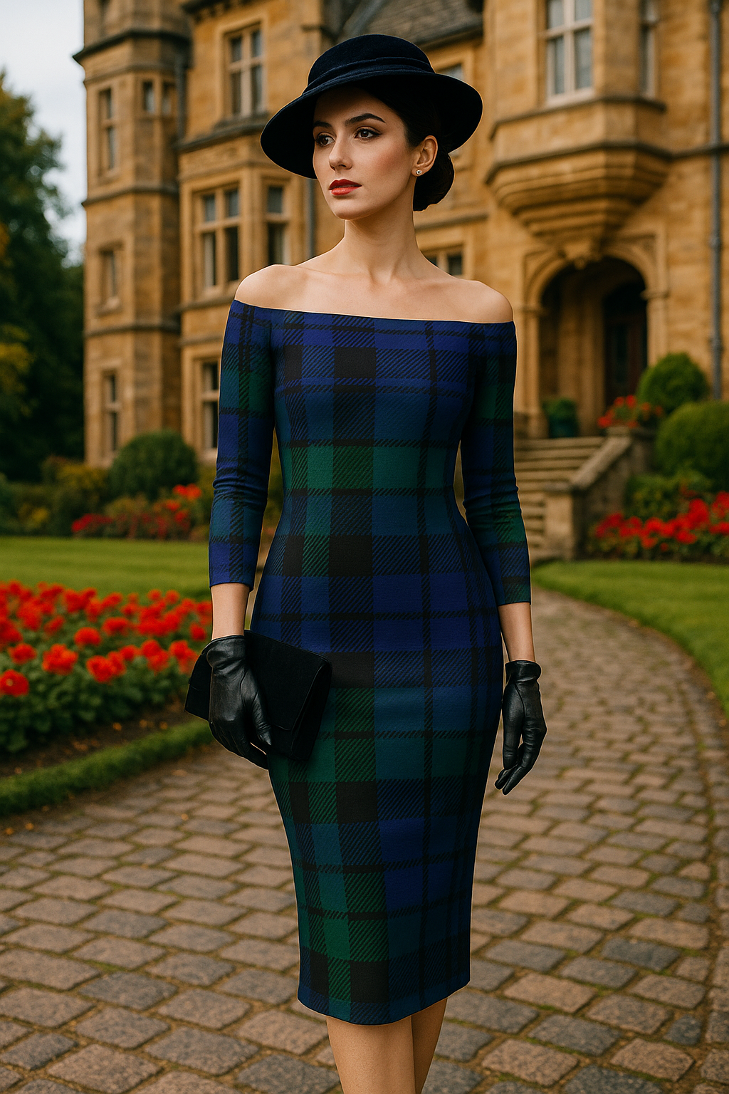 Black Watch tartan off-shoulder dress by POD worn with black gloves and hat in garden setting