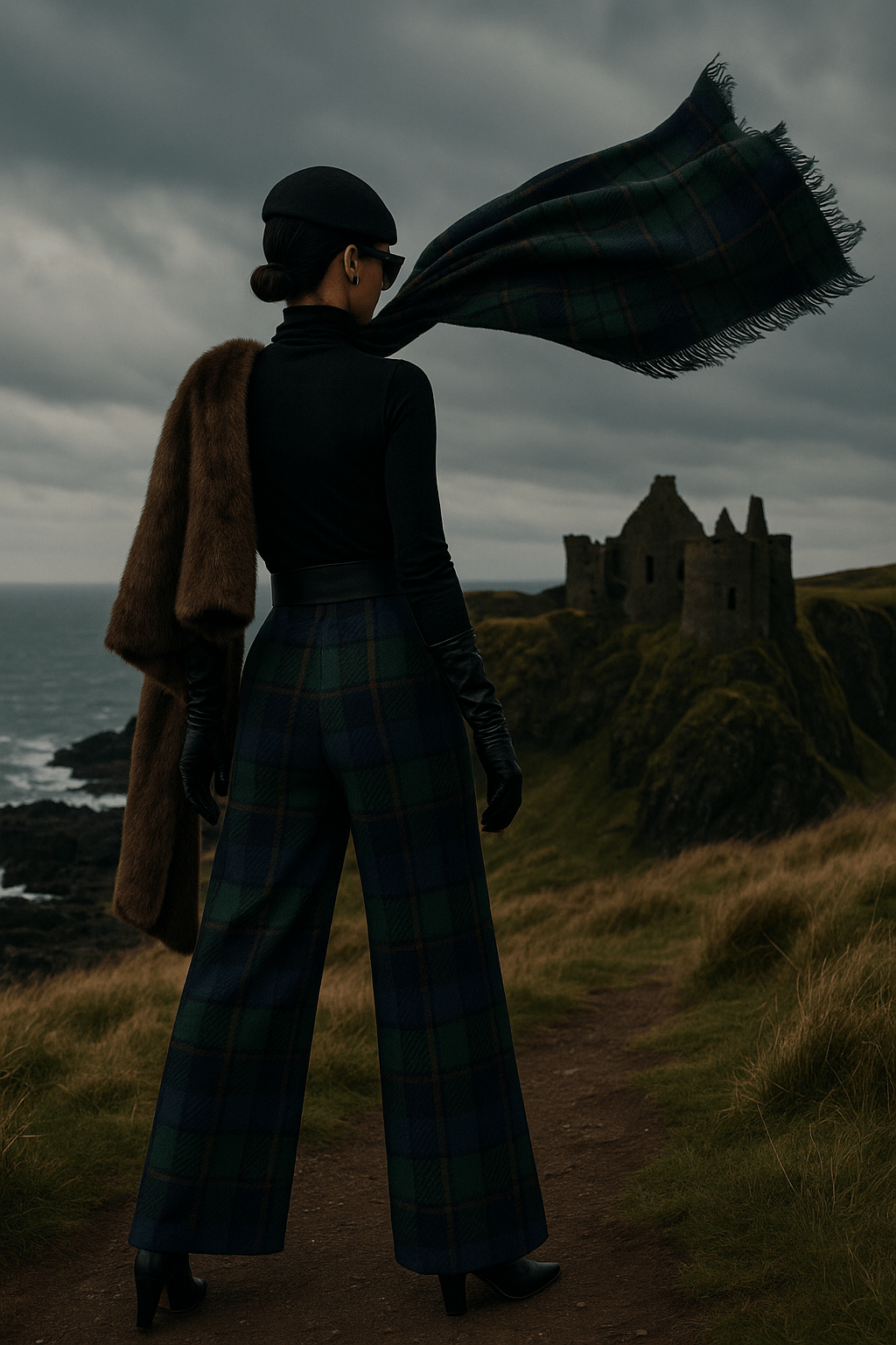 Woman wearing black watch tartan wide-leg trousers with matching scarf and black beret near castle ruins