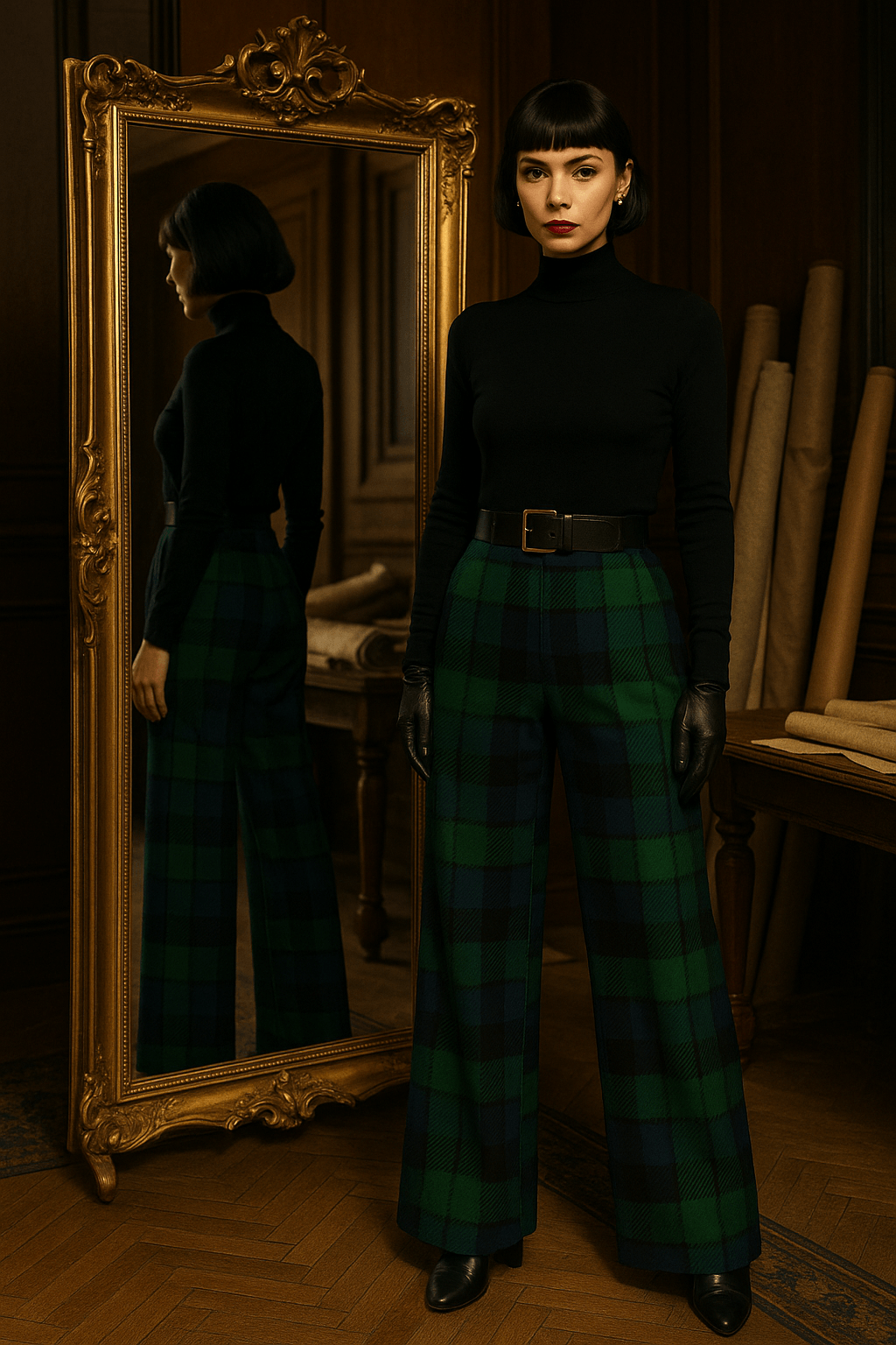 Woman wearing black watch tartan wide-leg trousers styled with black turtleneck and gloves