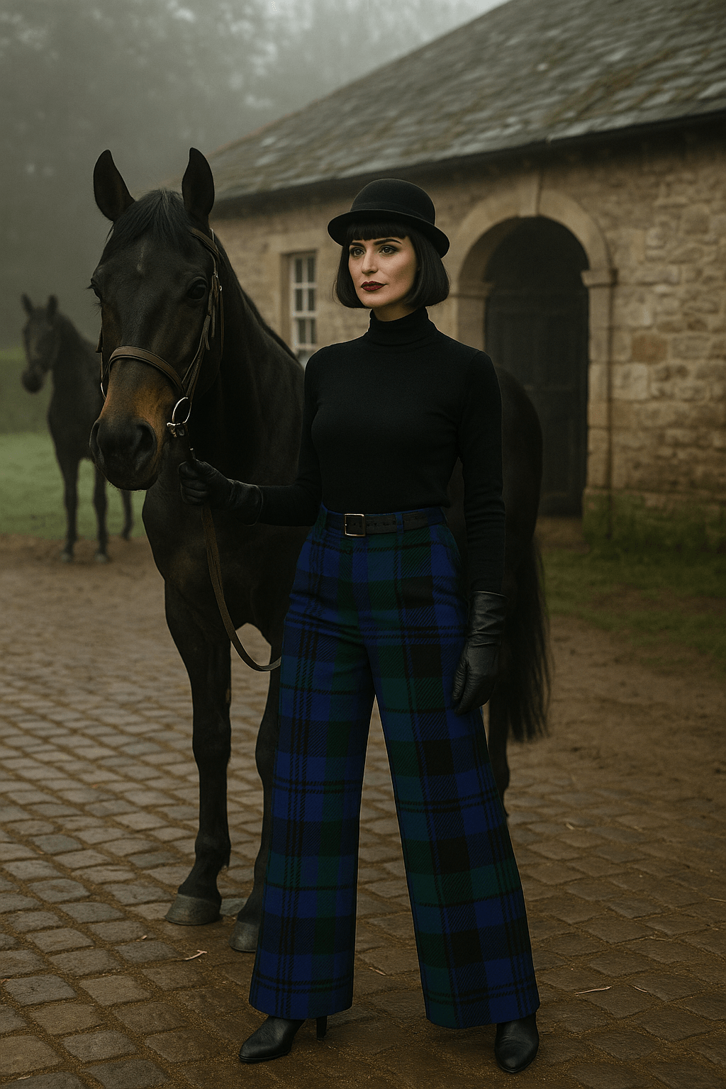 Woman wearing black watch tartan wide-leg trousers standing beside a black horse outdoors
