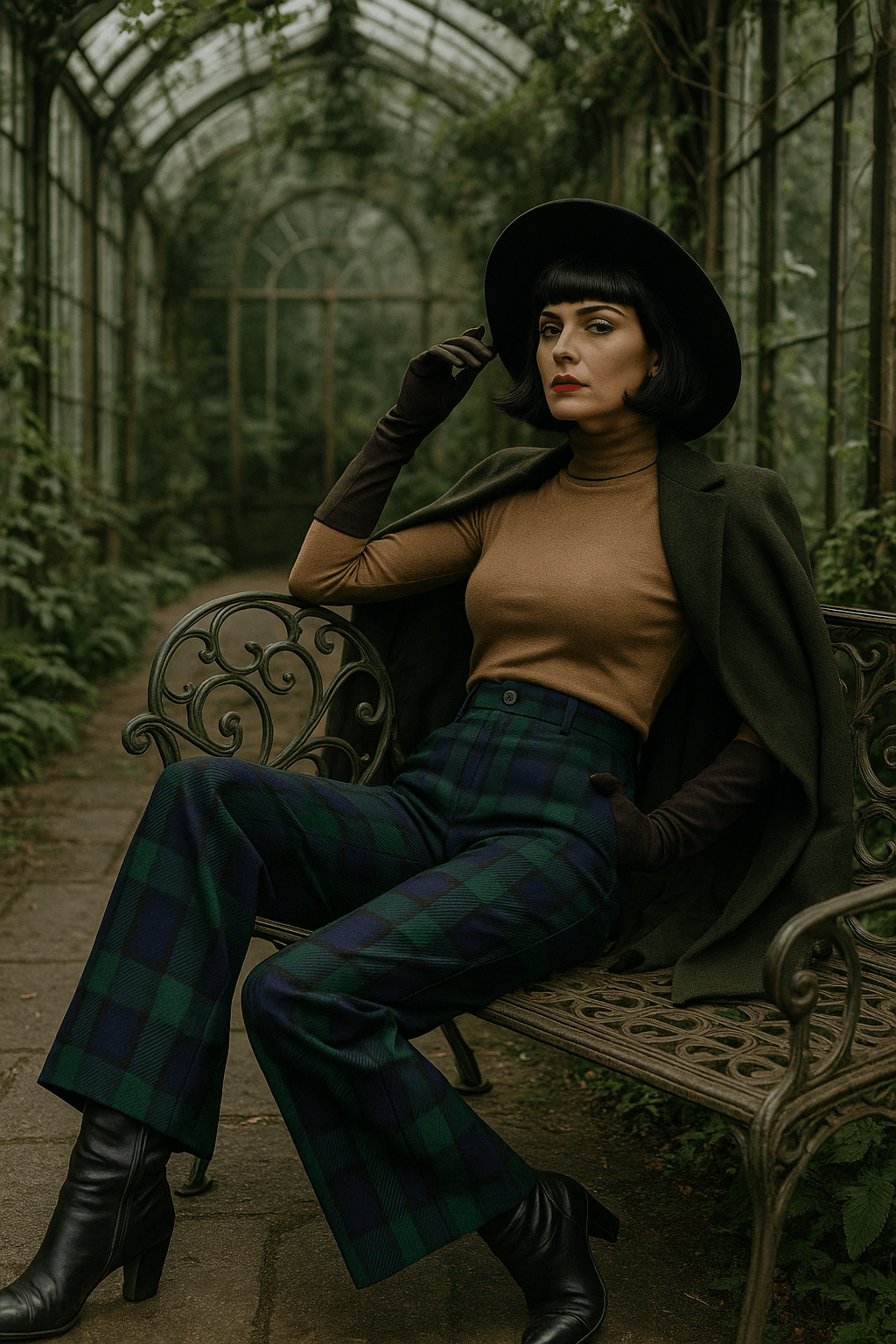 Woman wearing black watch tartan wide-leg trousers with brown turtleneck and black hat sitting on a bench