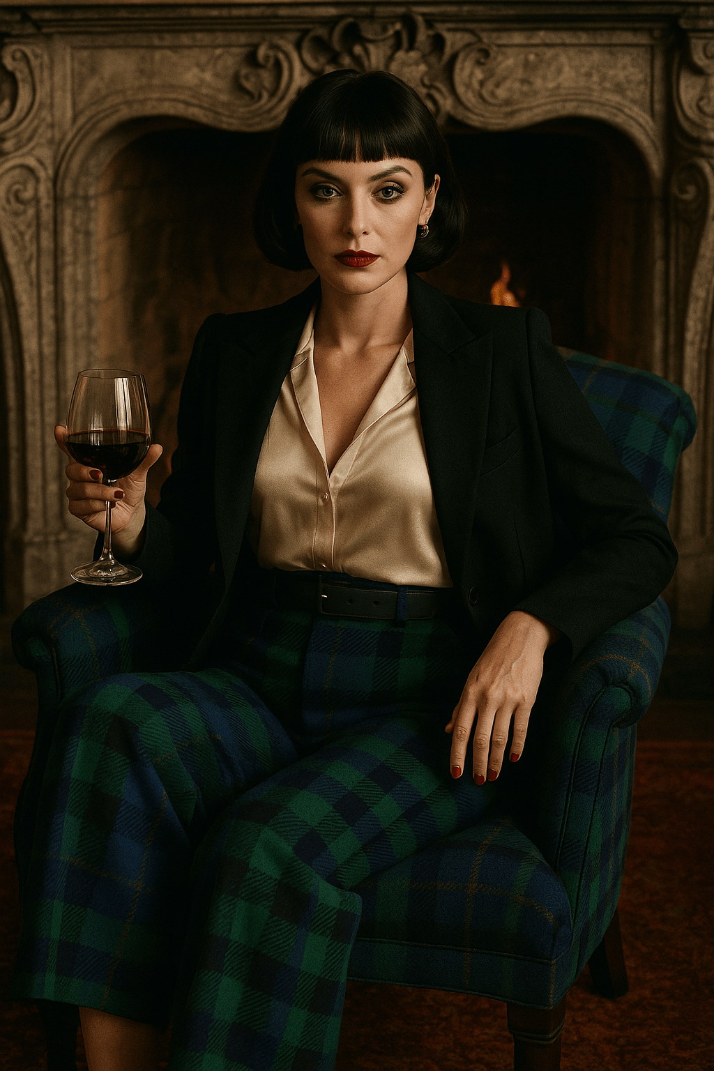 Woman wearing black watch tartan wide-leg trousers sitting on matching plaid chair holding a glass of wine
