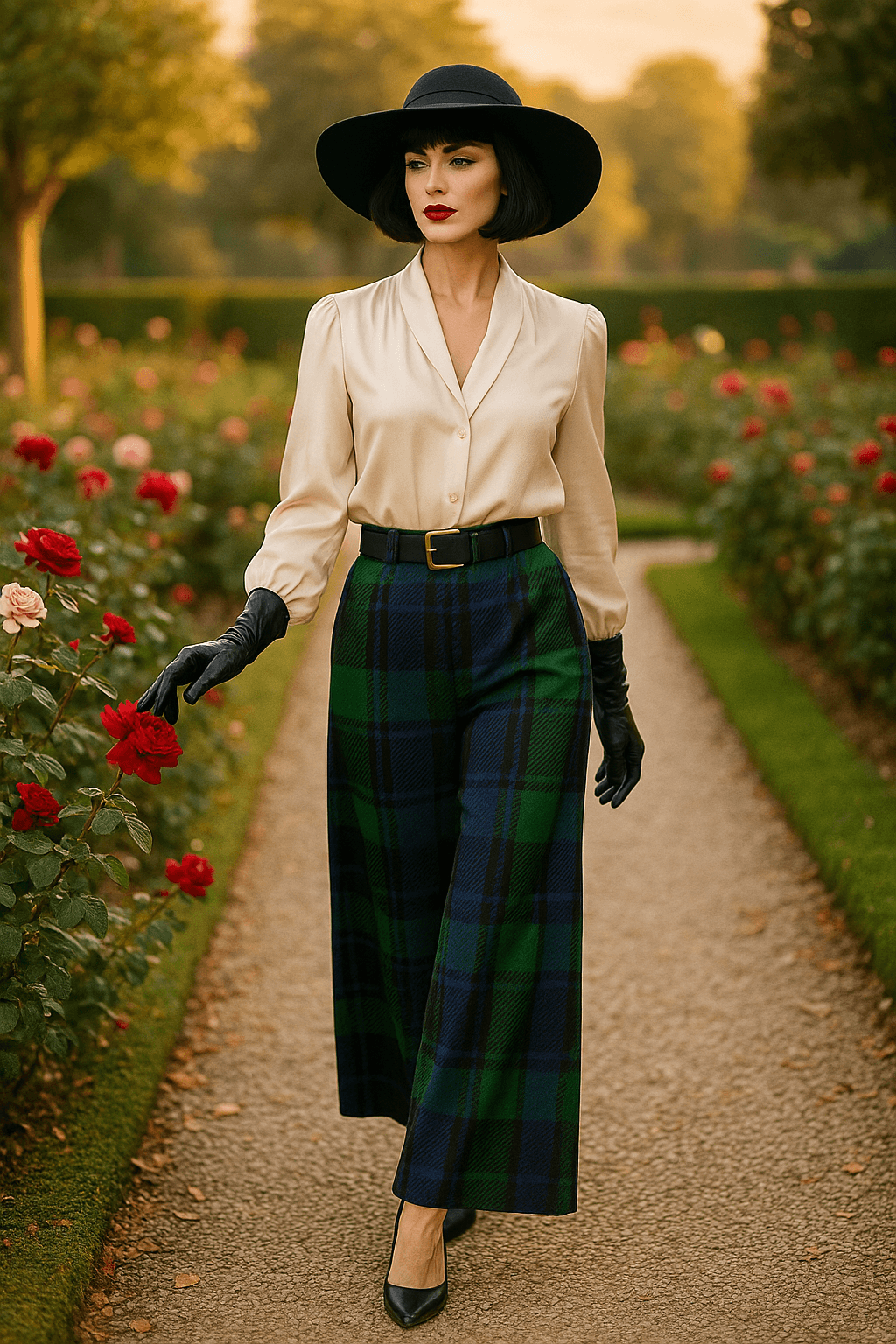Woman wearing black watch tartan wide-leg trousers with a cream blouse and black hat walking in a garden