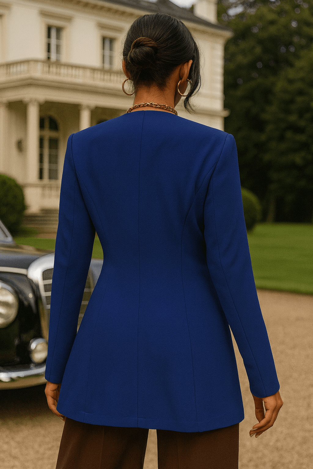 Person wearing a blue blazer standing in front of a classic car and a large house.