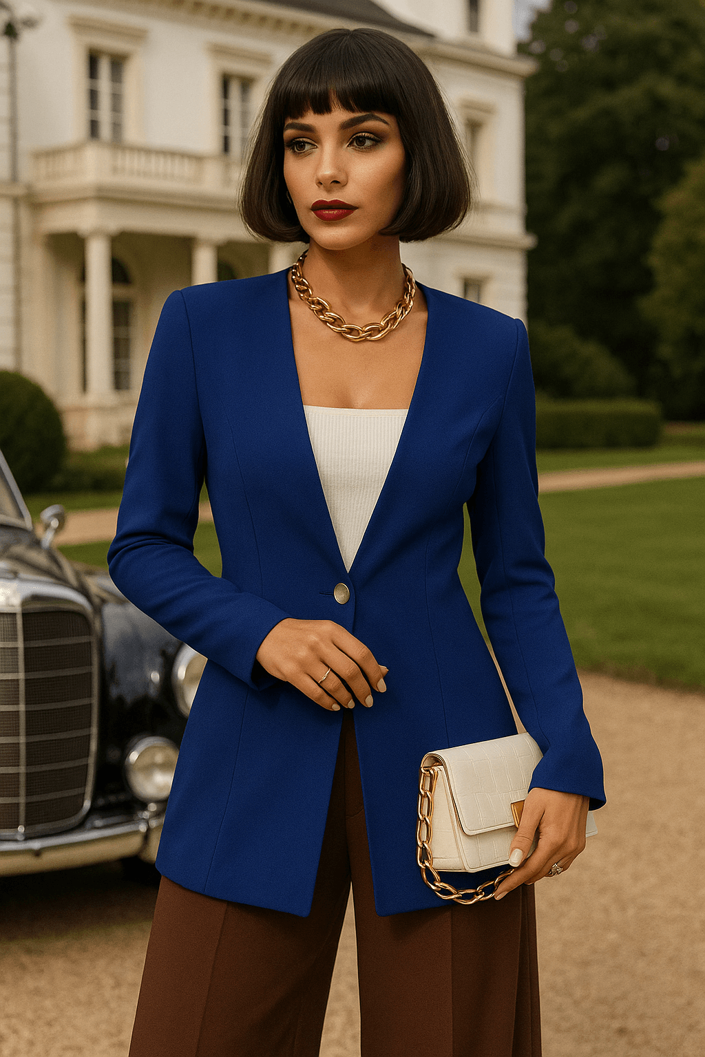 Model wearing blue fitted blazer with wide-leg white trousers – high fashion editorial look