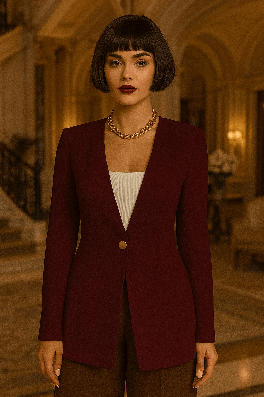 Burgundy slim fit women’s blazer – long sleeve one-button jacket Angelic Blessings Shop