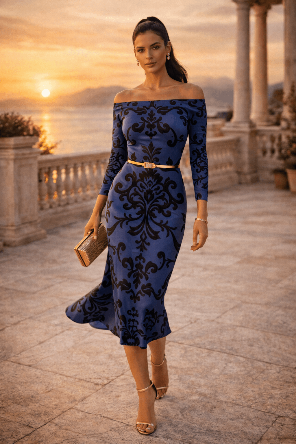 Elegant Wrap Dress Dress Outfit for Evening with Off Shoulder and Belted Waist