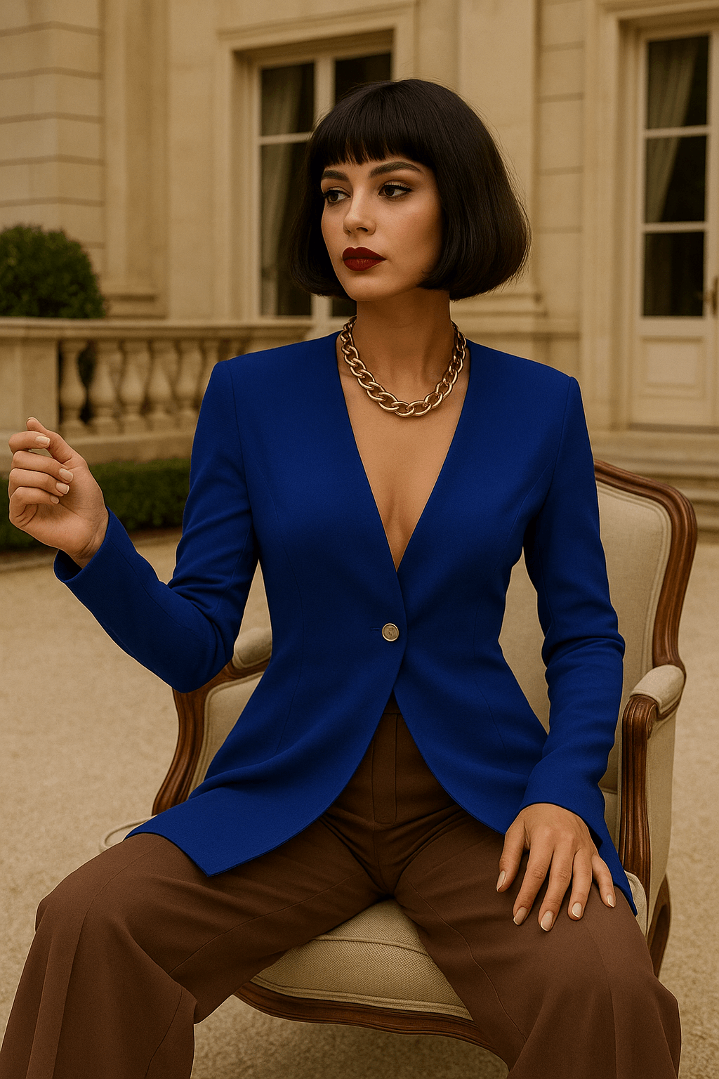 Woman wearing a blue blazer and brown pants sitting on a chair in front of a building.