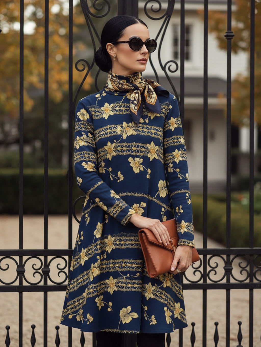Navy blue floral high neck dress from Angelic Blessings Shop modeled with scarf and sunglasses