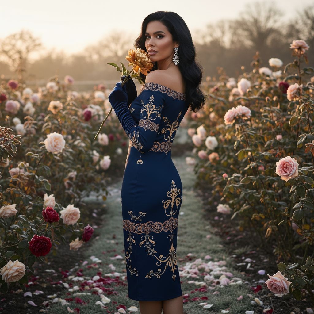 Woman wearing a navy blue off the shoulder wrap dress with gold embroidery standing in a rose garden