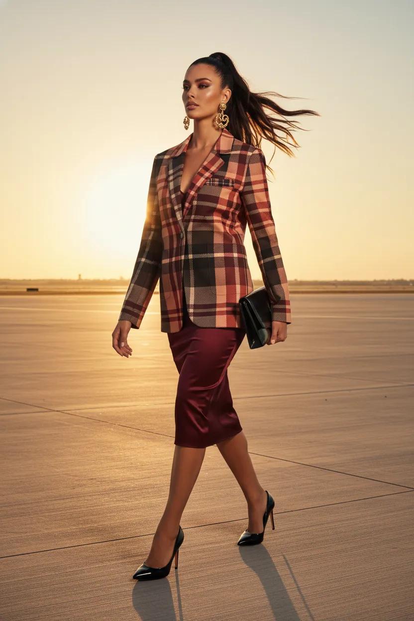 Blush Rose & Burgundy Cotton Blazer Elegant Evening Outfit Stylish Layered Look