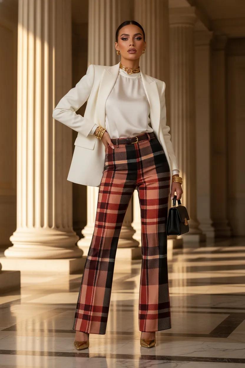 Blush Rose Burgundy Tartan wide leg women trousers pants stylish outfit elegant evening wear