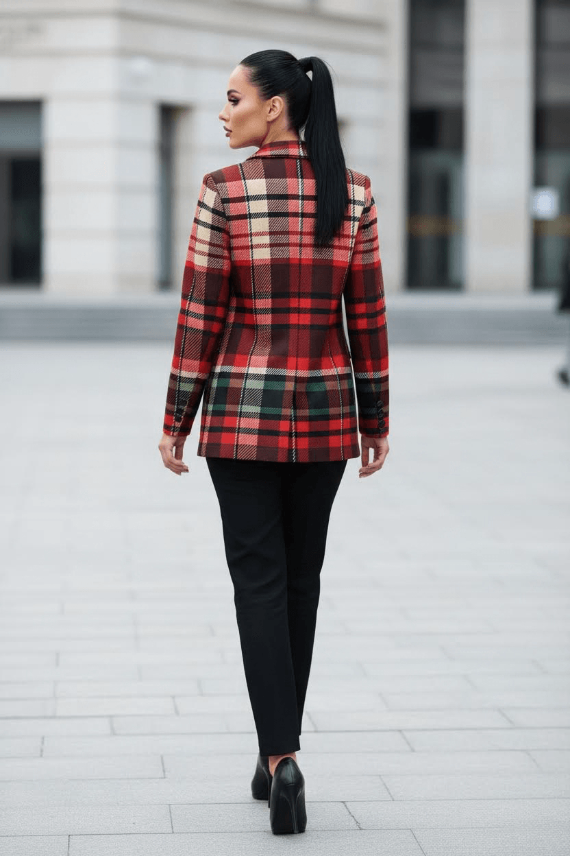 Red plaid bold statement blazer for women with tailored fit and long sleeves
