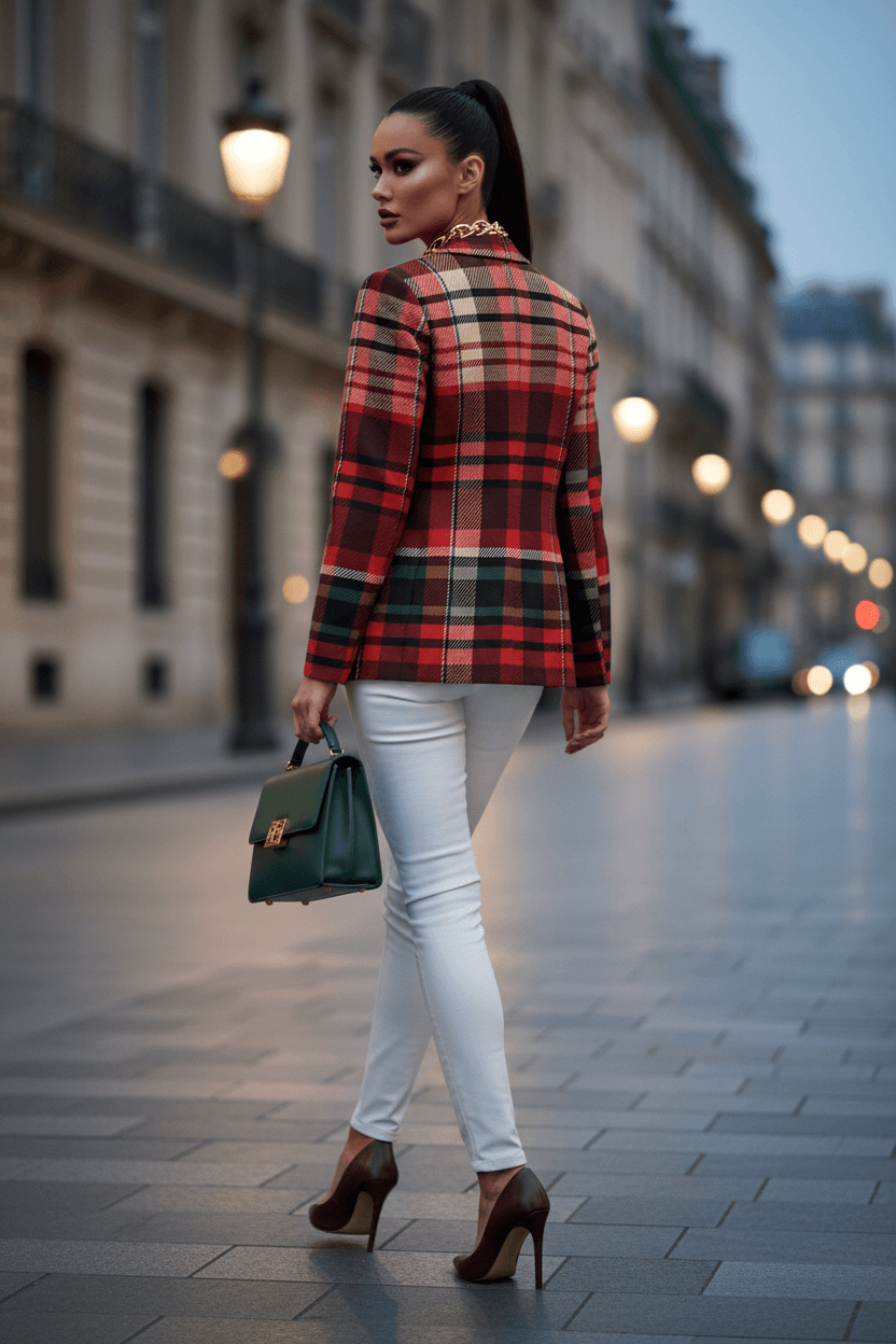Red plaid bold statement blazer for women tailored fit street style