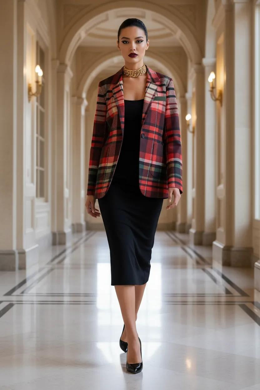 Red plaid bold statement blazer for women tailored fit formal wear